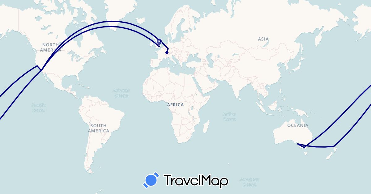 TravelMap itinerary: driving in Australia, Switzerland, Germany, United Kingdom, New Zealand, United States (Europe, North America, Oceania)